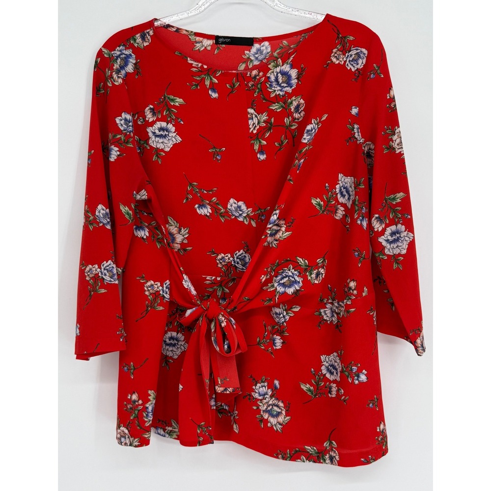 Gibson Womens Red Floral Tie Front 3/4 Sleeve Blouse Top‎ Sz M